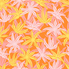 Stylized tropical flowers and leaves. Floral seamless pattern. Modern abstract print with botanical shapes. Colorful groovy vector background.