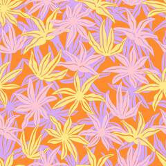 Stylized tropical flowers and leaves. Floral seamless pattern. Modern abstract print with botanical shapes. Colorful groovy vector background.