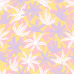 Fototapeta na wymiar Stylized tropical flowers and leaves. Floral seamless pattern. Modern abstract print with botanical shapes. Colorful groovy vector background.