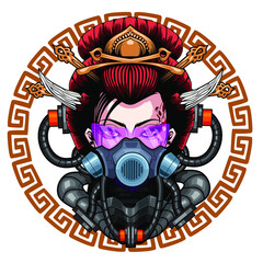geisha cyborg mascot cartoon in vector