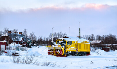 Snow plowing locomotive at Abisko in Swedish Lapland in winter