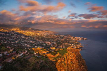 Panoramic top view on Funchal at sunset time. Madeira, Portugal. October 2021