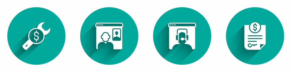Fototapeta premium Set Repair price, Video chat conference, Telephone 24 hours support and Contract money icon with long shadow. Vector