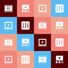 Set pop art 4k movie, Rating, Online play video and Sound mixer controller icon. Vector