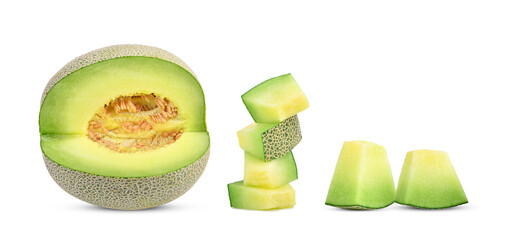 Sliced of cantaloupe melon isolated on white background.
