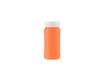 Orange bottle isolated on a white background.
Orange plastic bottle with white lid.
Soap bubble liquid.
