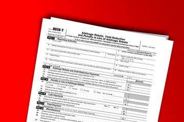 Form 8038-T documentation published IRS USA 44387. American tax document on colored