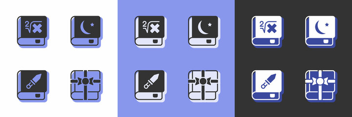 Set Book as a gift, with mathematics, about weapon and Holy book of Koran icon. Vector