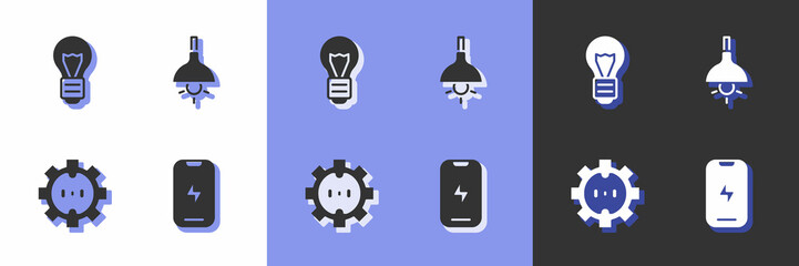 Set Mobile phone, Creative lamp light idea, Electrical outlet and Lamp hanging icon. Vector