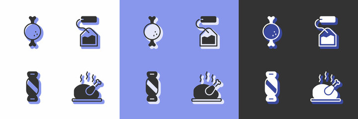 Set Roasted turkey or chicken, Chicken leg, Candy and Tea bag icon. Vector