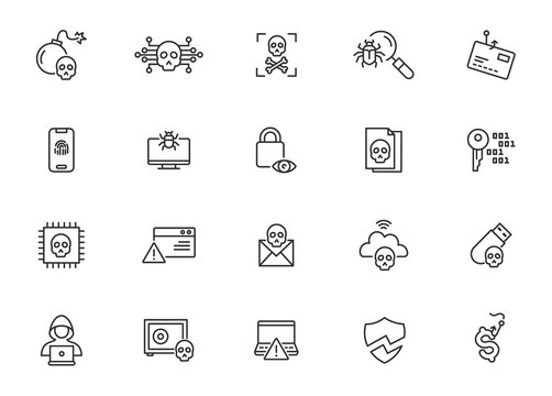 Phising email scam vector line icon set. Fishing fraud hook steal money phising malware.