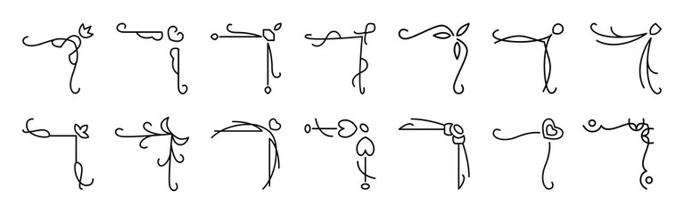 Vintage corner border line set. Elegant antique calligraphic floral simple ornate swirl symbol isolated on white background. Fancy filigree retro decorative monogram frame design element. Vector