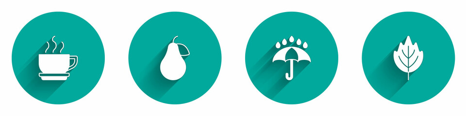Set Coffee cup, Pear, Umbrella and rain drops and Leaf icon with long shadow. Vector
