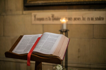 bible book in cathedral interior in Spain