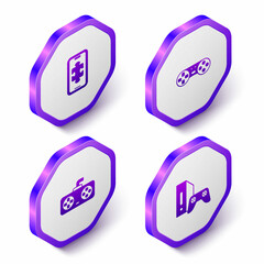 Set Isometric Mobile gaming, Game controller or joystick, and console with icon. Purple hexagon button. Vector