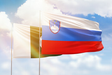 Sunny blue sky and flags of slovenia and pakistan