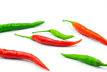 red and green chili on white background, pepper, paprika
