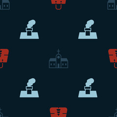 Set Christmas shopping bag, Church building and chimney on seamless pattern. Vector