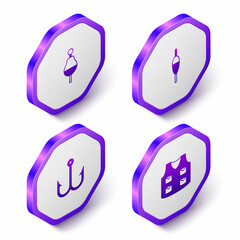 Set Isometric Fishing float, hook and jacket icon. Purple hexagon button. Vector
