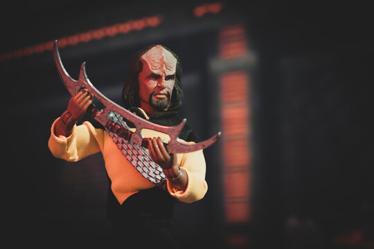 NEW YORK USA, JUNE 21 2022 - Star Trek Next Generation Klingon Lieutenant Worf with a bat'leth weapon - Mego Corp Action figure