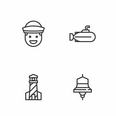 Set line Ship bell, Lighthouse, Sailor and Submarine icon. Vector