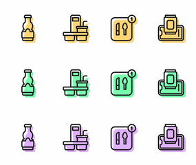 Set line Food ordering, Sauce bottle, Coffee cup to go and on mobile icon. Vector