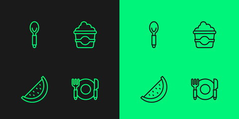 Set line Plate, fork and knife, Watermelon, Spoon and Popcorn in cardboard box icon. Vector