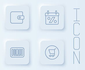 Set line Wallet, Discount percent tag, Barcode and Shopping cart. White square button. Vector