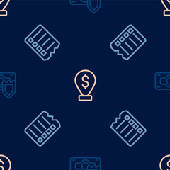 Set line Money with shield, Shopping list and Cash location on seamless pattern. Vector