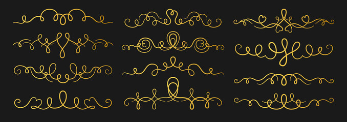Swirl divider ornament filigree calligraphic gold set. Vintage borders curls flourishes decoration. Modern frame wedding decor, romantic decorative scroll. Luxury design element for menu, invitation