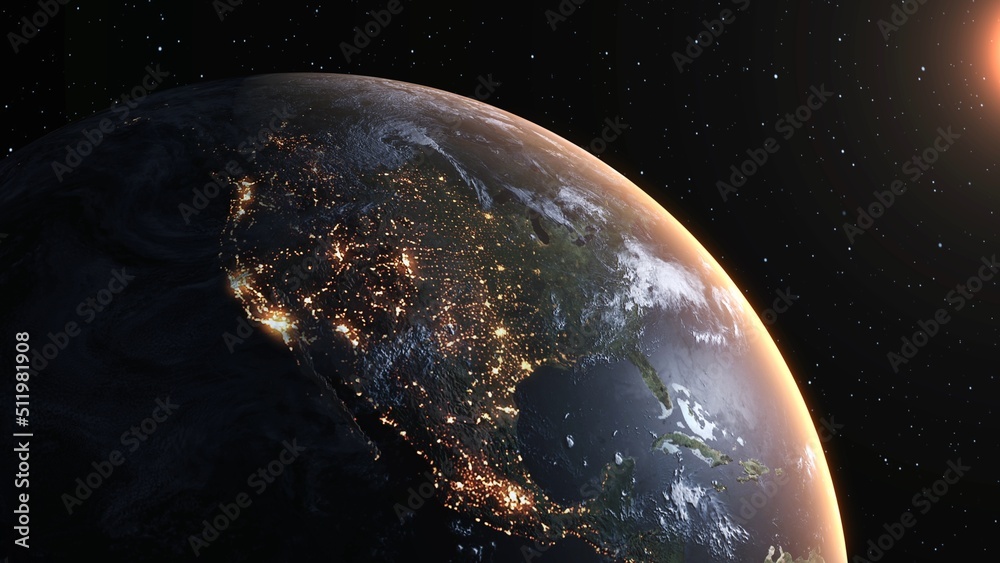 Wall mural planet earth with realistic geography surface and orbital 3d cloud atmosphere . outer space view of 