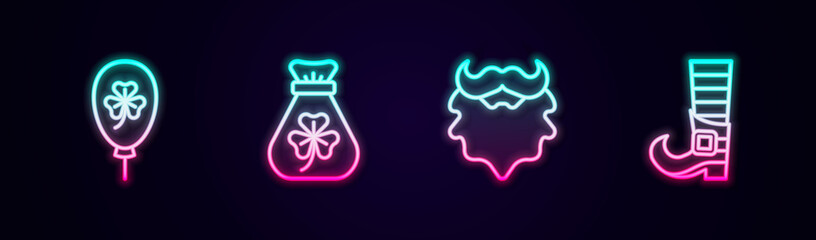 Set line Balloon with clover trefoil leaf, Money bag, Mustache and beard and Leprechaun boot. Glowing neon icon. Vector