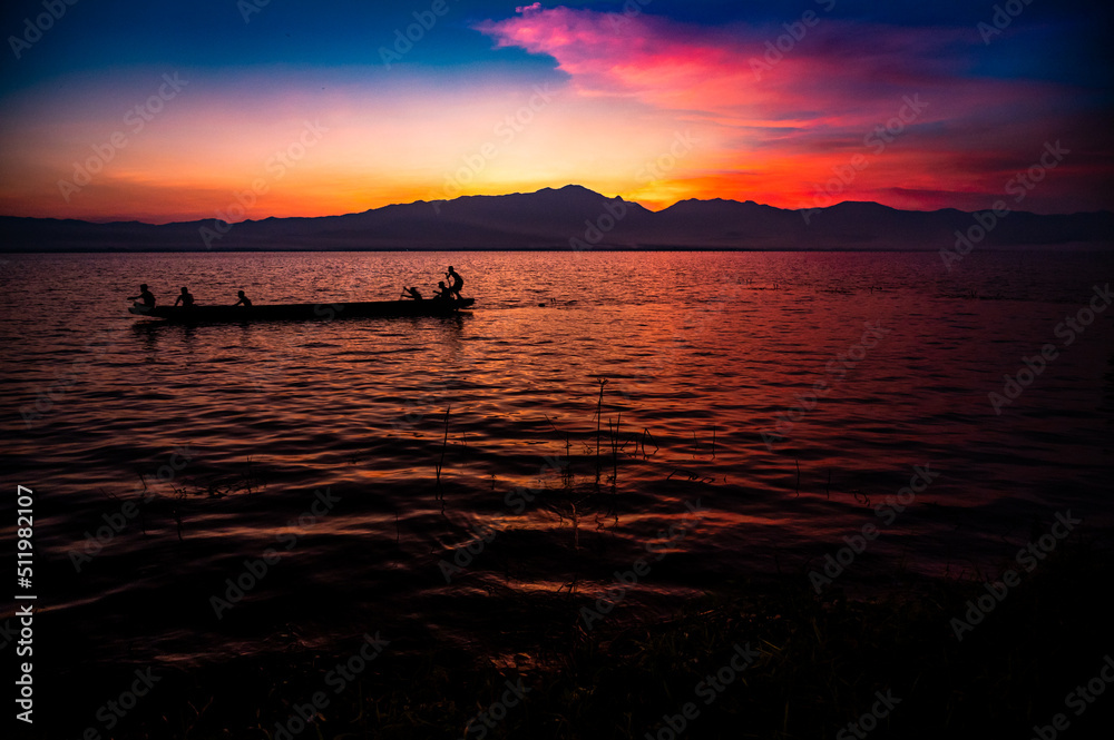 Sticker Kwan Phayao Lake with Doi Nok Mountains at sunset