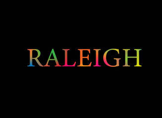 Rainbow filled text spelling out Raleigh with a black background 