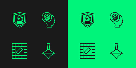 Set line Whirligig toy, Board game, Chess and Game dice icon. Vector