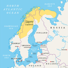 Fototapeta premium Sapmi, Lapland, political map. A cultural region in Northern and Eastern Europe, including the northern parts of Fennoscandia, stretching over the four countries Norway, Sweden, Finland and Russia.