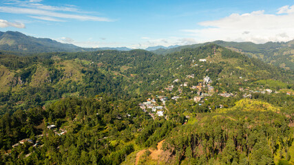 Top view of Agricultural lands and tea estates among the hills in the mountains.. Ella, Sri Lanka.