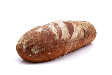 long loaf of homemade rye bread isolated on white background, full depth of field