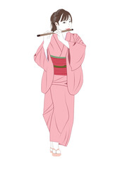 横笛を吹く着物の女性イラスト