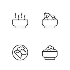 Set line Rice in a bowl, Dumpling, Ramen soup and with fish icon. Vector