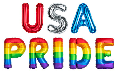 Fototapeta USA Pride. Rainbow Helium balloon. Rainbow flag symbol gays and lesbians LGBT, LGBTQ. Rainbow colors. Alphabet letters U S A P R I D E. Good for Party, greeting card. Isolated on white background. obraz