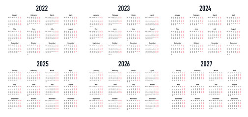 Calendars 2022 2027 years. Graphic elements for printing on cardboard. Modern and minimalistic design of dates and calendars. Collection of pictures for application. Cartoon flat vector illustration
