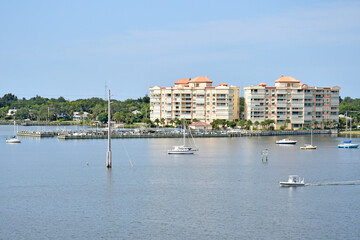 Condos and boats along the riverfront near Cocoa Village in Brevard County, Florida. 