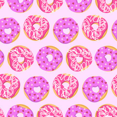 Pattern with sweet donuts. Vector illustration on a colored background. For menus, cafes, flyers, prints and packaging, shops and markets.