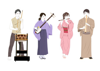 男女四人和楽器演奏イラスト