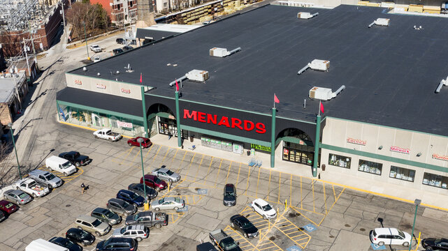 CHICAGO, IL, USA - MARCH 4, 2020: An aerial view of Menards, a Midwestern large home improvement store chain that's based out of Wisconsin and has been family-owned since 1958.