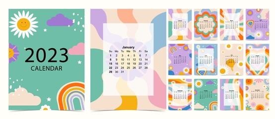 2023 table calendar week start on Sunday with groovy and flower that use for vertical digital and printable A4 A5 size - obrazy, fototapety, plakaty