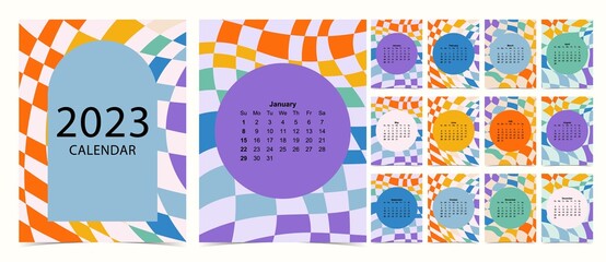 2023 table calendar week start on Sunday with groovy and rainbow that use for vertical digital and printable A4 A5 size