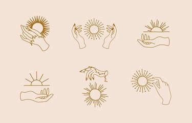 Collection of line design with sun,hand.Editable vector illustration for website, sticker, tattoo,icon