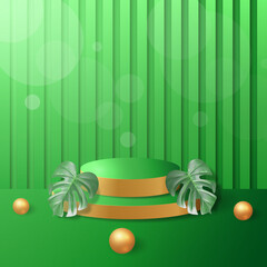 3d room with realistic cylinder podium background with leaf monstera illustration